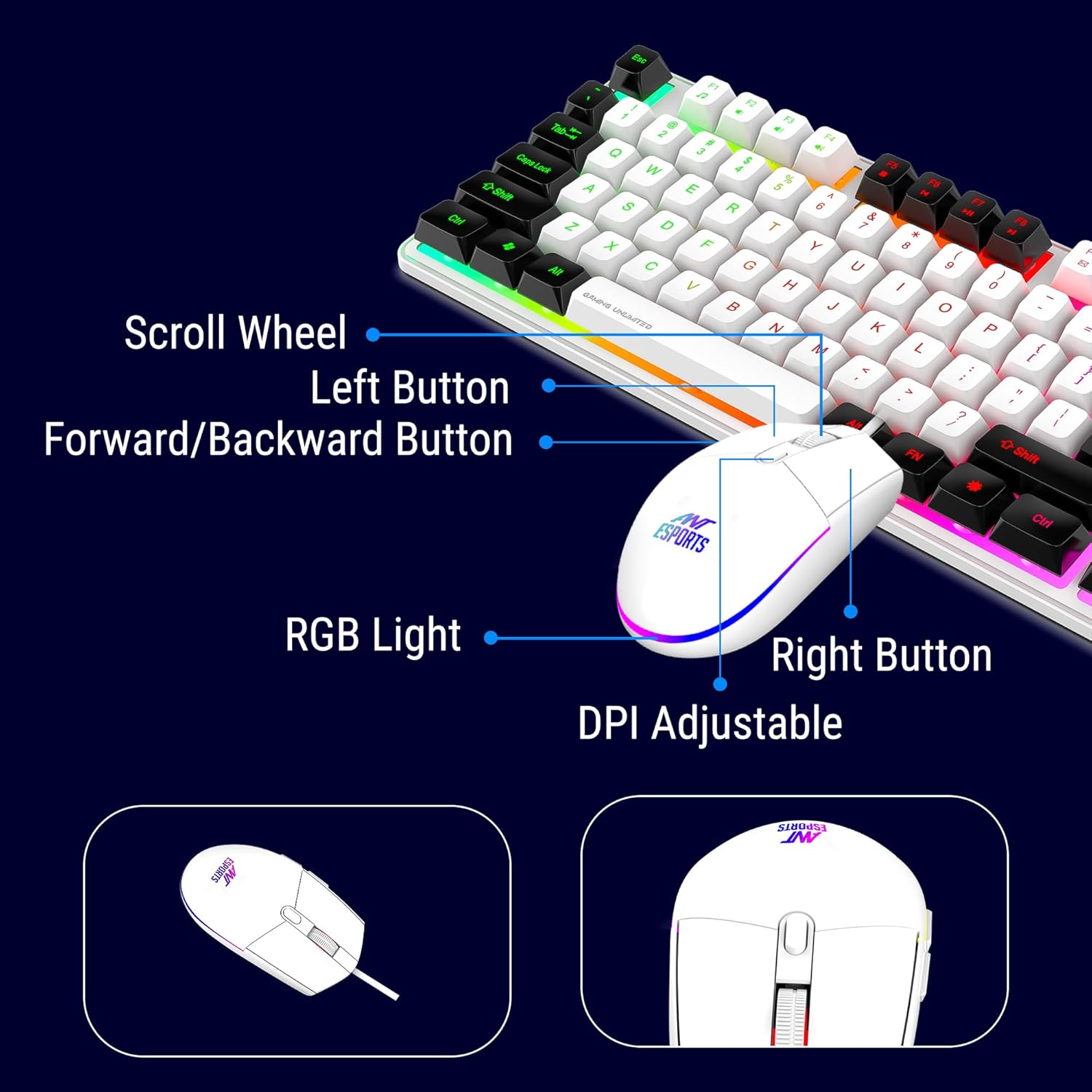 Ant Esports KM1610 LED Keyboard and Mouse Combo, 104 Keys Rainbow Backlit Keyboard and 7 Color RGB Mouse - Image 4