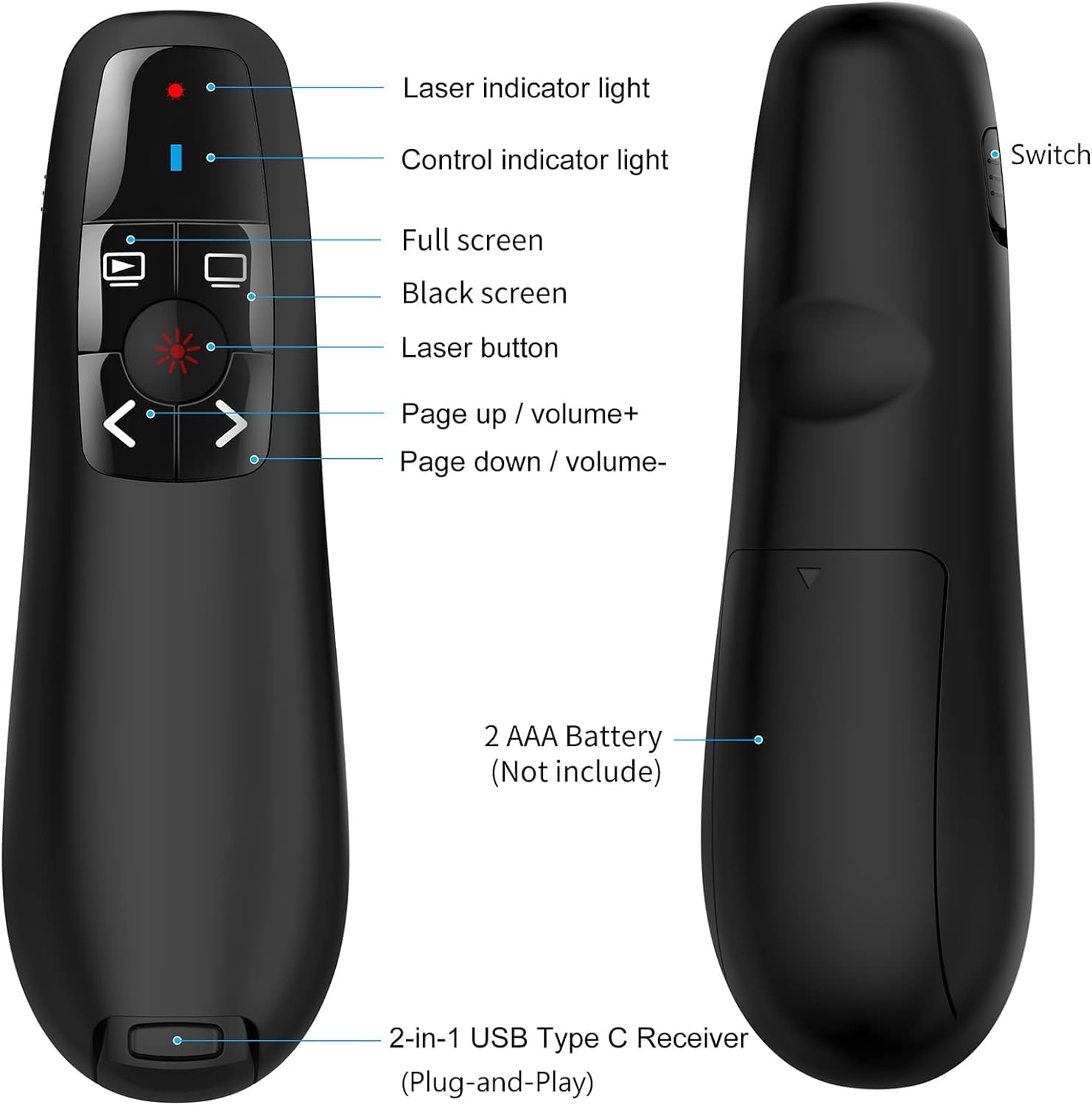 rts 2-in-1 Type C USB Wireless Laser Pointer Presenter for Presentation PPT Slide Changer Remote Clicker with Volume Control PowerPoint Clicker with for Google Slide Mac MacBook Laptop PC Computer - Image 4