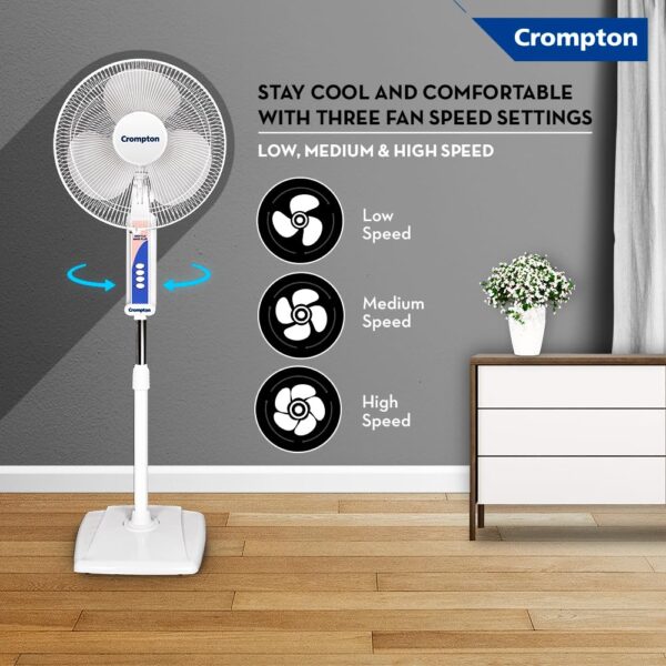 Crompton Wave Plus 400 mm High Speed Pedestal Fan | Adjustable Height | Smooth Oscillation | Superior Air Delivery | 2 Year Warranty | White - Image 3
