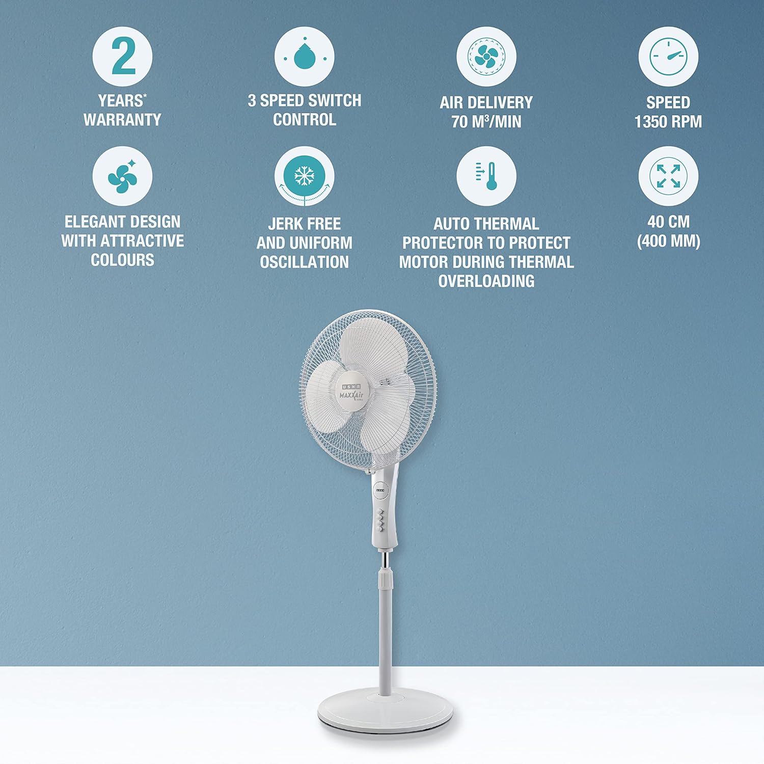 USHA Maxx Air Ultra Pedestal Fan | 400MM Sweep Size | 1350_RPM | Aerodynamic Blade Design for High Air Delivery | Anti - Rust Protection | 100% Copper Motor | 2 Year Warranty | White - Image 2