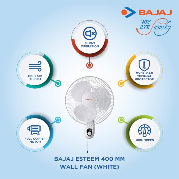 Bajaj Esteem 400 MM Wall Mount Fan | Wall Fan For Kitchen & Home | High Air Thrust | High Speed |Silent Operation | 1-Yr Warranty 【White】 - Image 2