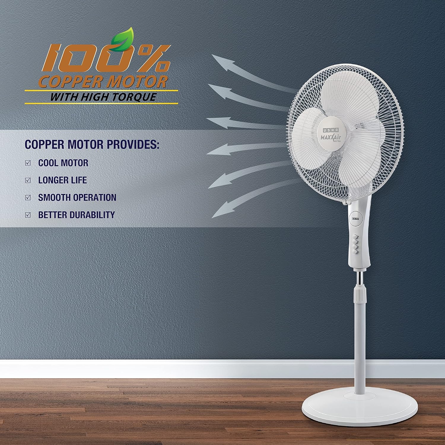 USHA Maxx Air Ultra Pedestal Fan | 400MM Sweep Size | 1350_RPM | Aerodynamic Blade Design for High Air Delivery | Anti - Rust Protection | 100% Copper Motor | 2 Year Warranty | White - Image 3