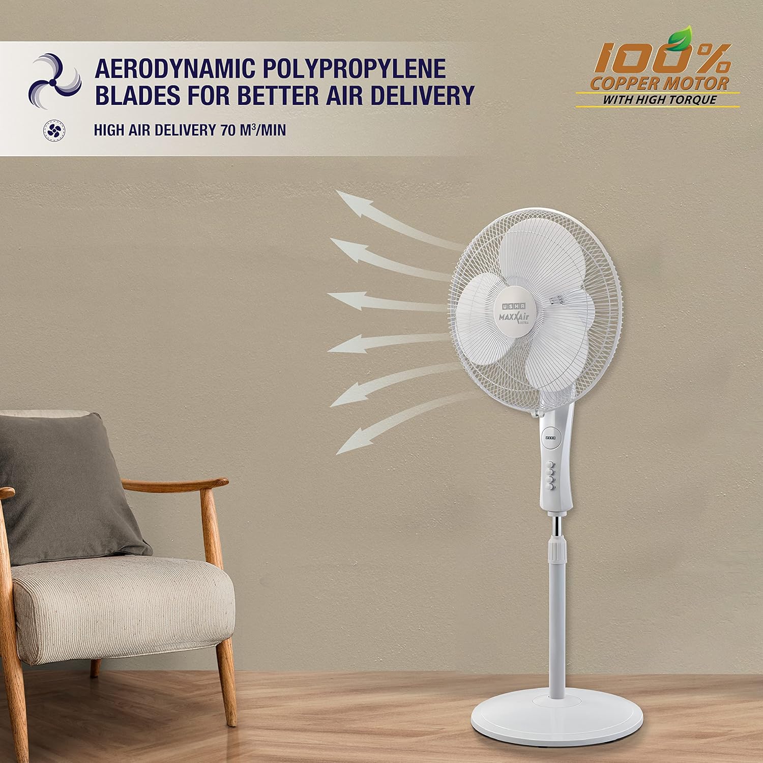 USHA Maxx Air Ultra Pedestal Fan | 400MM Sweep Size | 1350_RPM | Aerodynamic Blade Design for High Air Delivery | Anti - Rust Protection | 100% Copper Motor | 2 Year Warranty | White - Image 4
