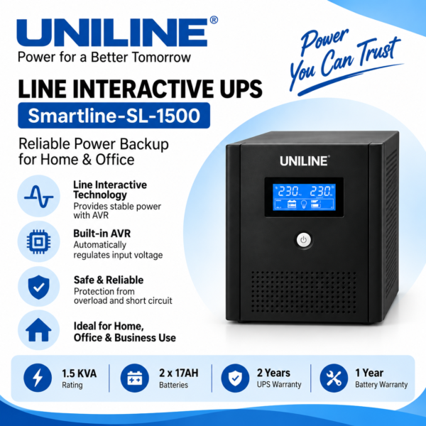 UNILINE Smartline SL-1500 1.5 KVA Line Interactive UPS with 2 × 17Ah Batteries - Image 4